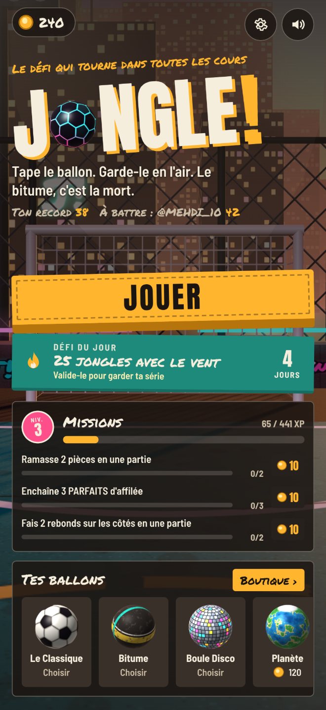 L'écran d'accueil de Jongle ! : le logo, le bouton Jouer, le défi du jour et les missions.